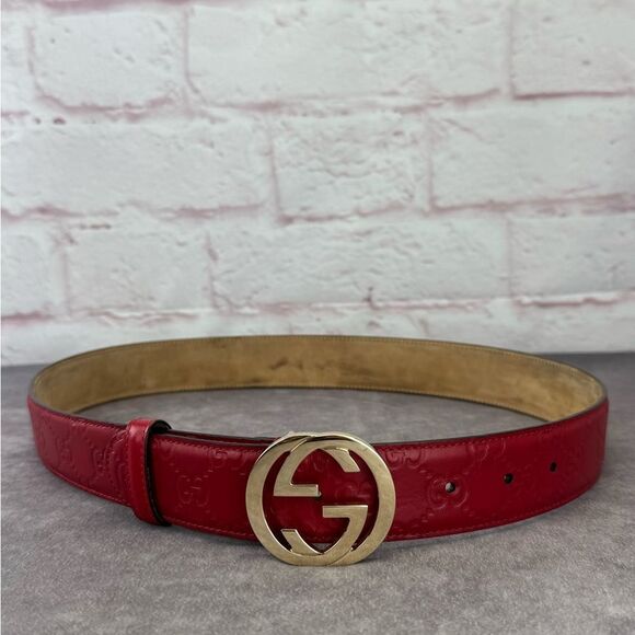Gucci Embossed Red Leather Gg Marmont Belt 370543 85/34